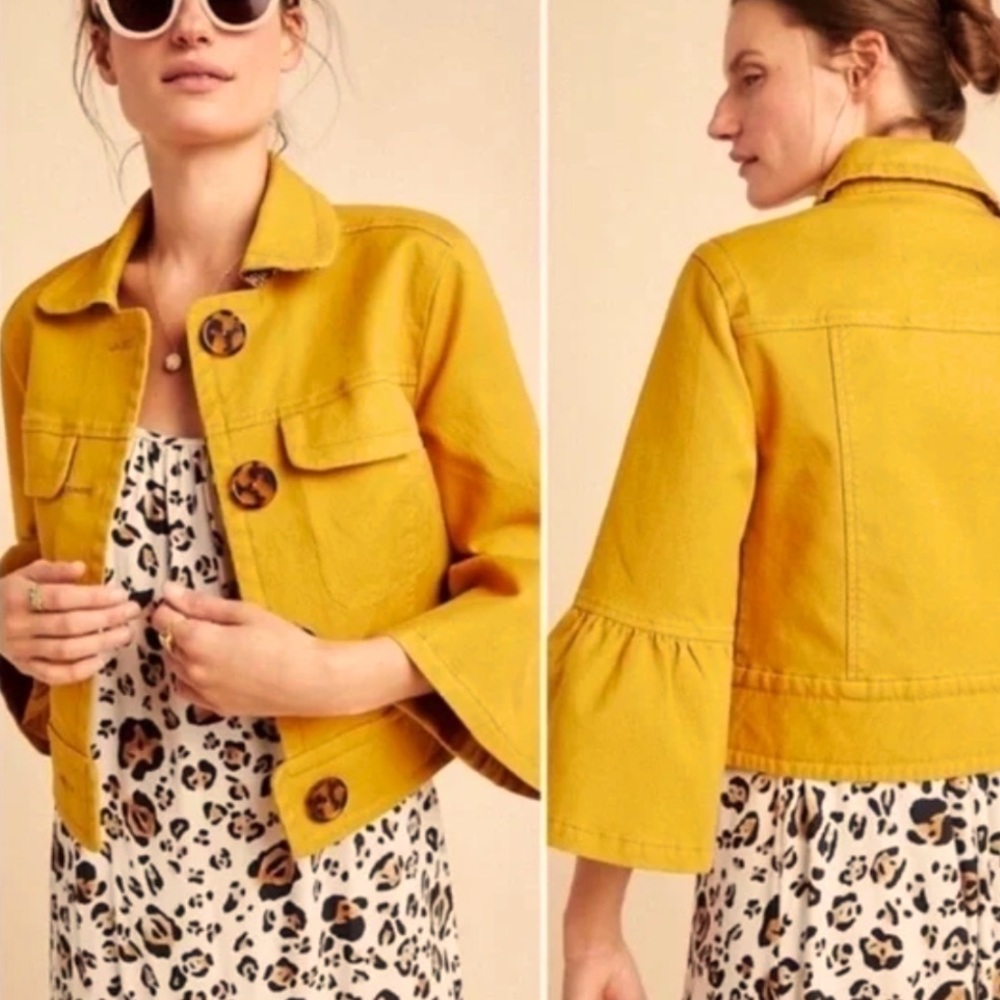 Anthropologie Trucker Denim Bell-Sleeve Sm Yellow Brown Stretch Jean Jacket New